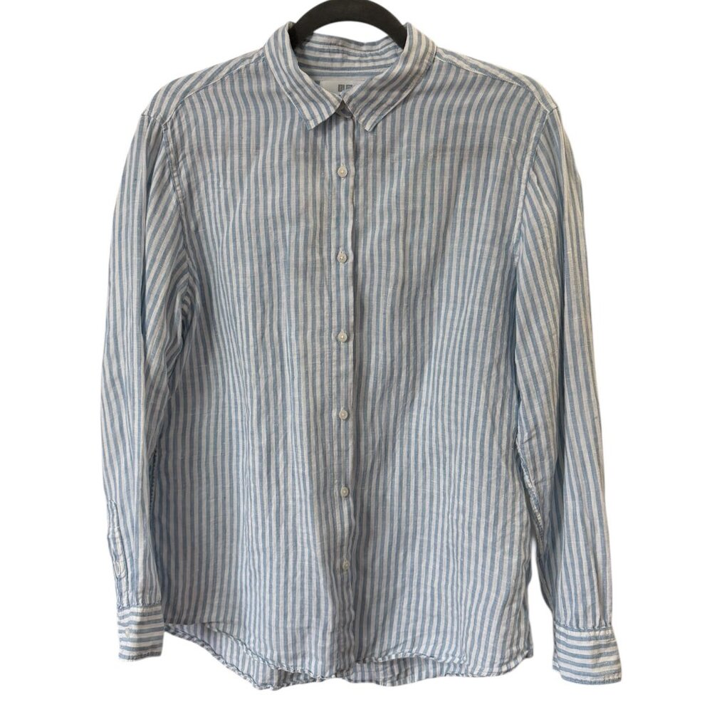 UNIQLO Blue and White 100% Linen Striped Button Down Shirt Size L - Picture 2 of 8
